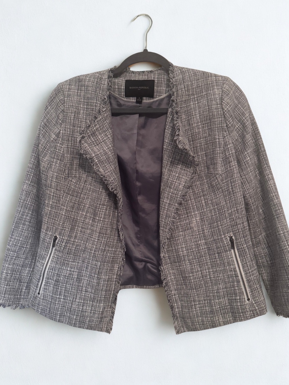 Banana Republic Gray Tweed Open-Front Blazer with Fringe Trim